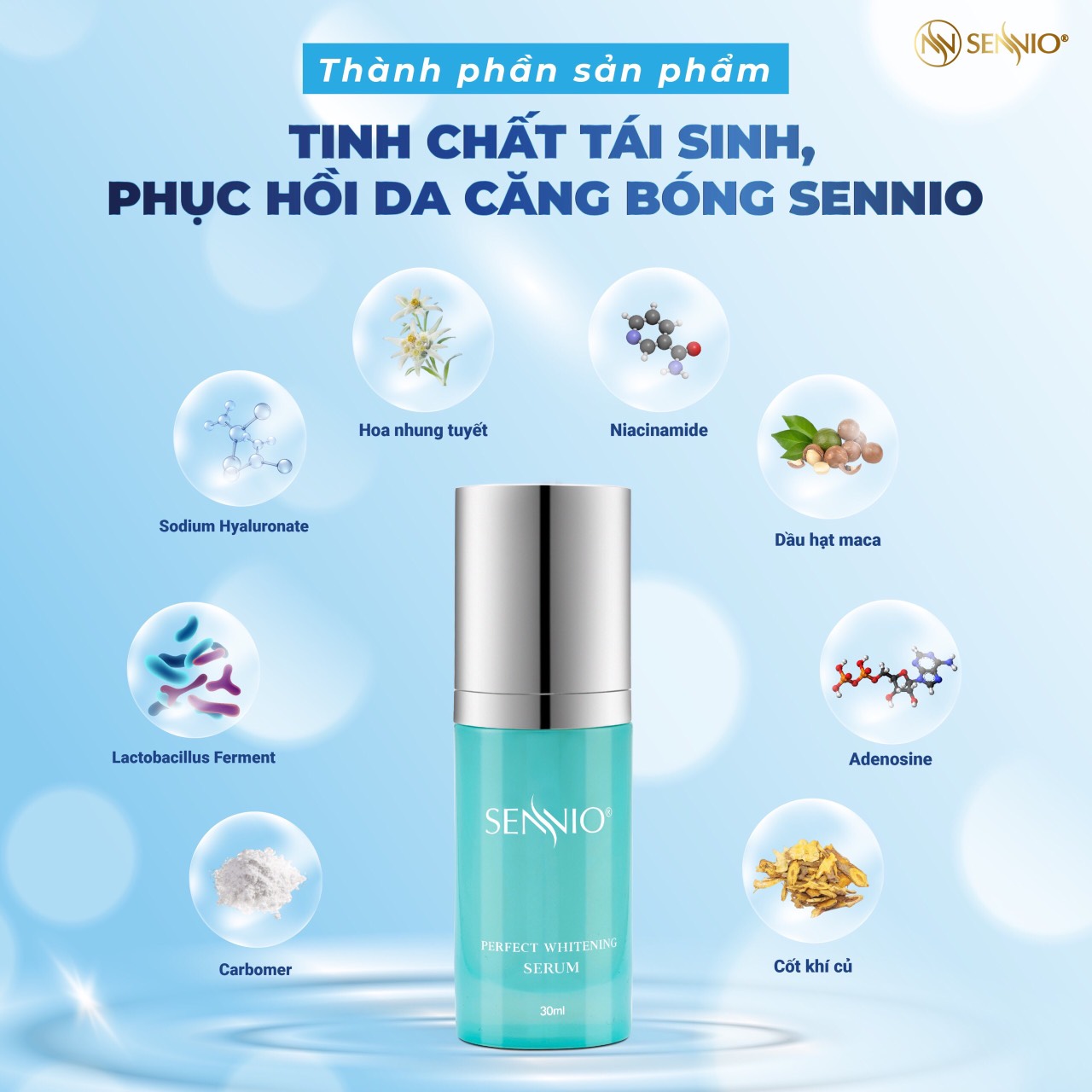 TINH CHẤT TÁI SINH, PHỤC HỒI DA CĂNG BÓNG (SENNIO Perfect Whitening Serum)